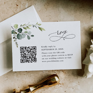 Stofblauwe Eucalyptus Groenery Huwelijks QR-code RSVP Kaartje