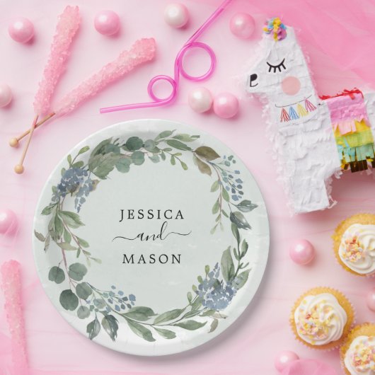 Stofblauwe Eucalyptus Trouw Bruiloft Papieren Bord (Feest)