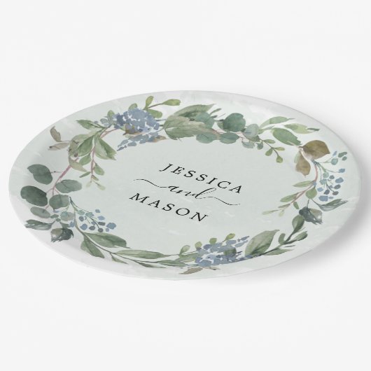 Stofblauwe Eucalyptus Trouw Bruiloft Papieren Bord (Gekanteld)