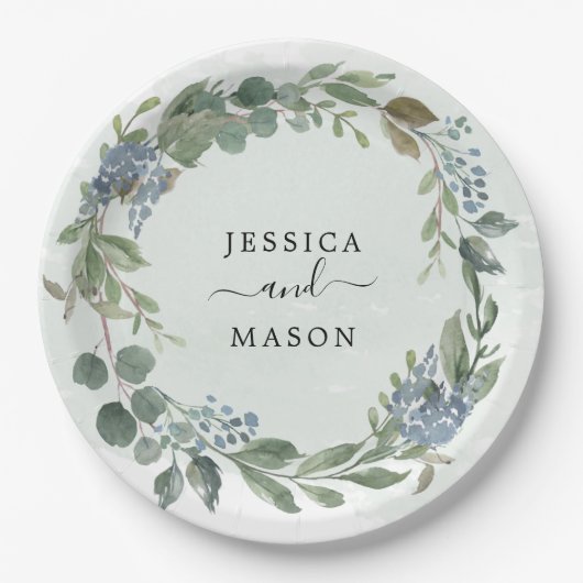 Stofblauwe Eucalyptus Trouw Bruiloft Papieren Bord (Voorkant)