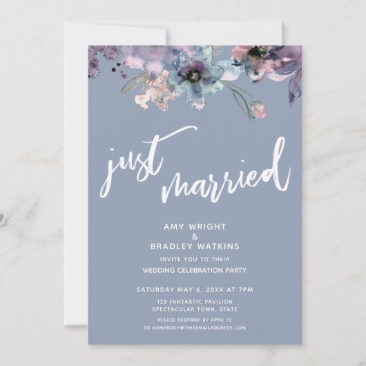 Stofblauwe geschilderde bloemstuk "Just Married" R Kaart (Voorkant)