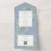 Stofblauwe groene bloemencode QR-code bruiloft All In One Uitnodiging (Binnen)