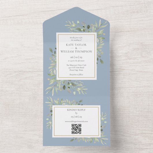 Stofblauwe groene bloemencode QR-code bruiloft All In One Uitnodiging (Binnen)