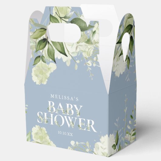 Stofblauwe groene botanische babyshower bedankdoosjes (Geopend)