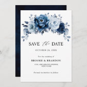 Stofblauwe Leisteen Navy Bloem Botanische Trouw Save The Date (Voorkant / Achterkant)