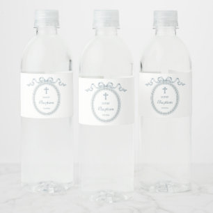 Stofblauwe strik Griekse lijst Doop Waterfles Etiket