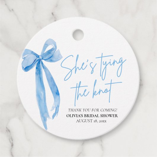 Stofblauwe strik Zij is van plan om te trouwen Bru Bedankjes Labels (Voorkant)