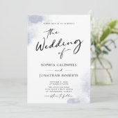 Stofblauwe Waterverf Kalligrafie QR Code Bruiloft Kaart (Staand voorkant)