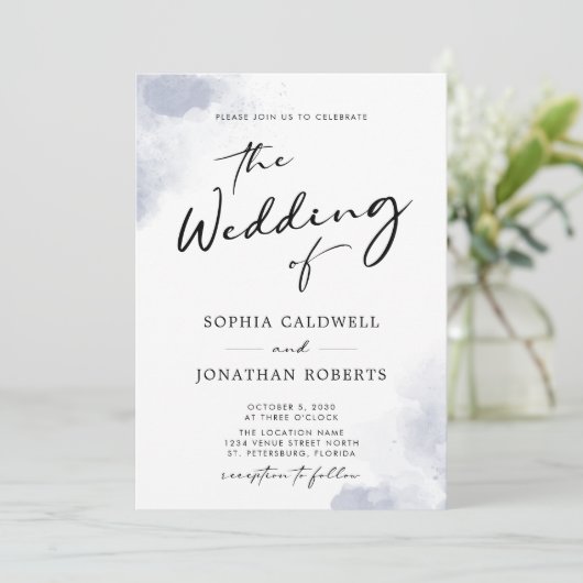 Stofblauwe Waterverf Kalligrafie QR Code Bruiloft Kaart (Staand voorkant)