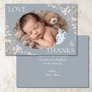 Stofblauwe wilde bloem baby shower foto bedankkaart