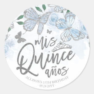 Stofblauwe Zilveren Vlinder Quinceanera Ronde Sticker
