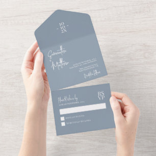 Stofbloauw Eenvoudig Modern Minimalistisch Huwelij All In One Uitnodiging