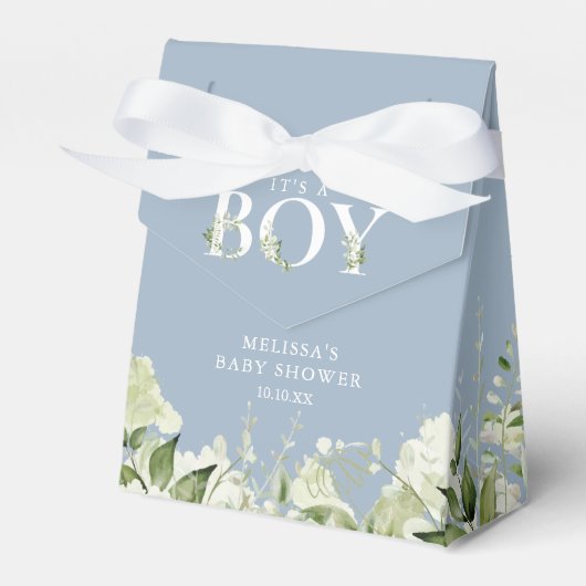 Stofbloauw Het Is Een Jongen Groenery Baby Shower Bedankdoosjes (Voorkant Zijde)