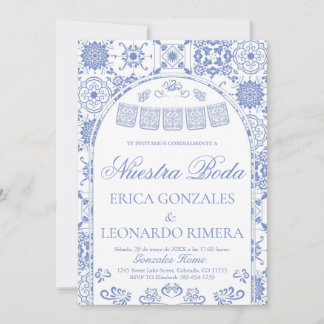 Stofbloauw Talavera Papel Picado Spaanse Bruiloft Kaart