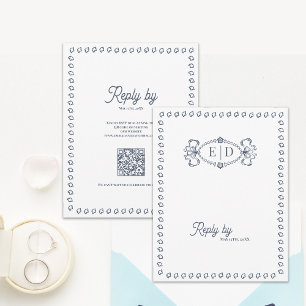 Stofbloauw Vintage Monogram QR Code Huwelijks RSVP Kaartje