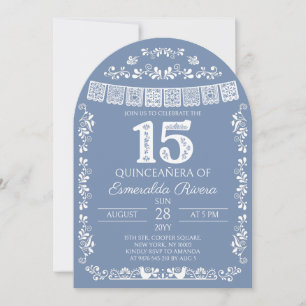 Stofbloauwe Papel Picado Quinceañera 15de verjaard Kaart