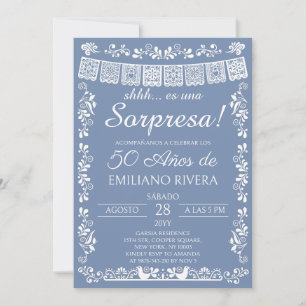 Stofbloauwe Papel Picado Verrassingsfeest 50e Verj Kaart