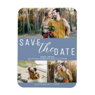 Stofbloauwe Save the Date Huwelijk 3 Foto's Magneet