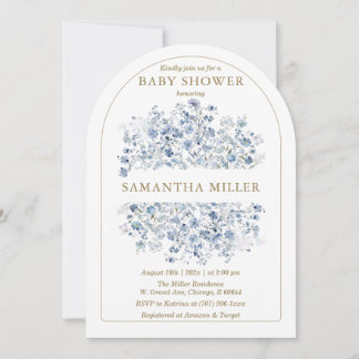 Stofbloem Baby Shower Uitnodiging in Stofblauw
