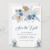 Stofbloem Blauw Bloem Boho Pampas Foto QR Code Save The Date (Voorkant)