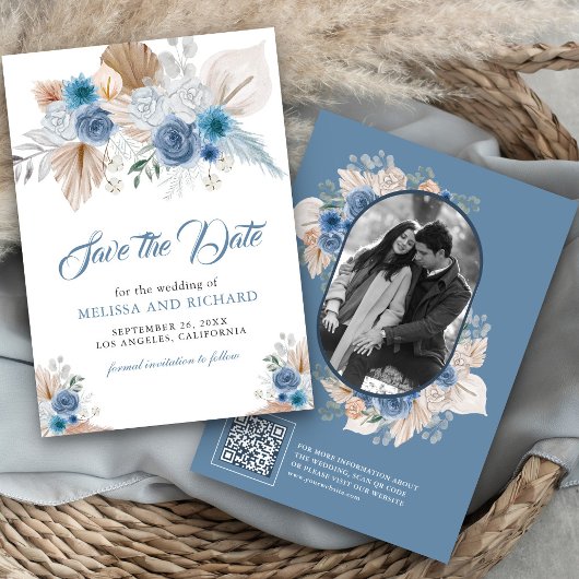 Stofbloem Blauw Bloem Boho Pampas Foto QR Code Save The Date