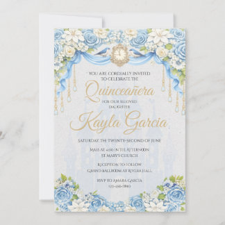 Stofbloem Blauw Bloemstuk Quinceañera Uitnodiging