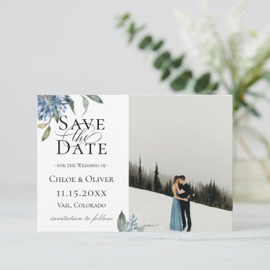 Stofbloem Blauw Botanische Foto Save The Date Aankondiging (Staand voorkant)