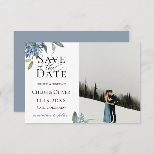 Stofbloem Blauw Botanische Foto Save The Date Aankondiging (Voorkant / Achterkant)