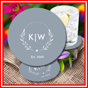 Stofbloem Blauw en Wit   Modern Initialen Monogram Ronde Kartonnen Onderzetter