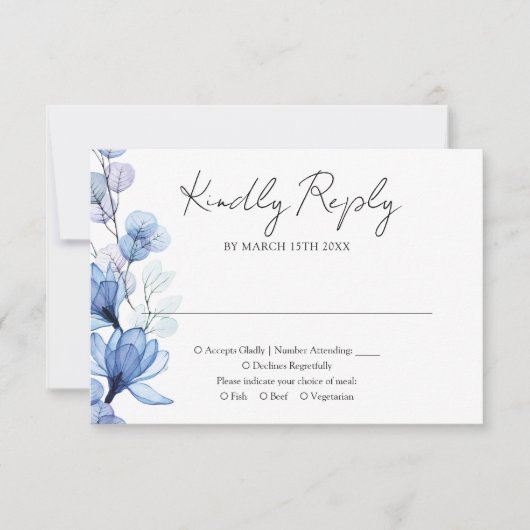 Stofbloem Blauw Transparant Bloem Motief Monogram RSVP Kaartje (Voorkant)