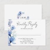 Stofbloem Blauw Transparant Bloem Motief Monogram RSVP Kaartje (Voorkant / Achterkant)