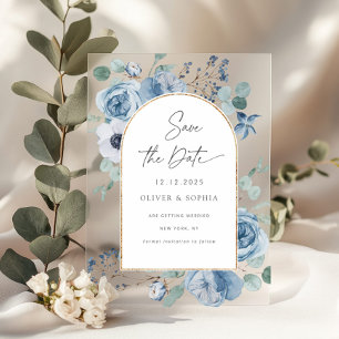 Stofbloem blauwe bloem gouden boog Save the date Acryl Uitnodigingen