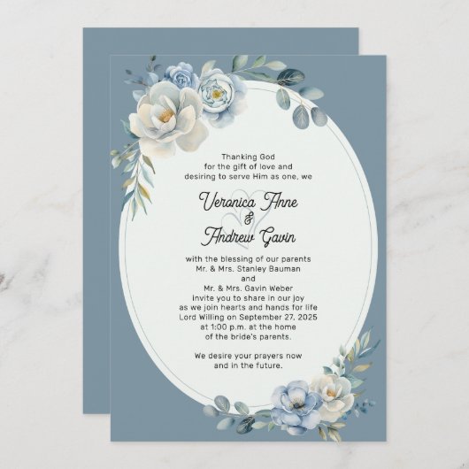 Stofbloem Blauwe Bloem Ovaal Lijst Bruiloft Uitnod Kaart (Voorkant / Achterkant)