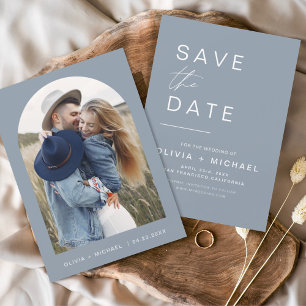 Stofbloem Blauwe Boho Bewaar de Datum Foto Minimal Save The Date