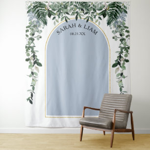 Stofbloem Blauwe Boho Boog Botanische trouw achter Wandkleed