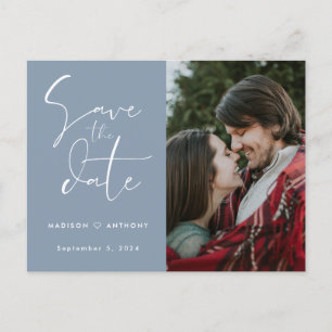 Stofbloem Blauwe Calligrafie Save the Date Trouwfo Uitnodiging Briefkaart