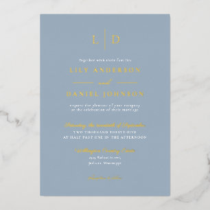 Stofbloem Blauwe Elegante Monogram Luxe Trouw Goud Folie Uitnodiging