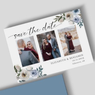 Stofbloem Blauwe Foto Bruiloft Save the Date Elega