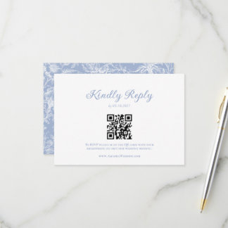 Stofbloem Blauwe Franse Victoriaanse QR Code Trouw RSVP Kaartje