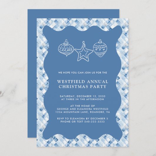 Stofbloem Blauwe Geruite Kerstfeestviering Kaart (Voorkant / Achterkant)