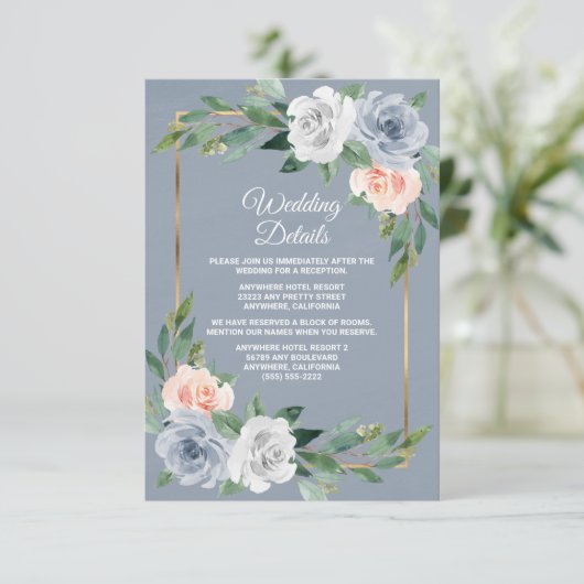 Stofbloem Blauwe Gouden Roze Perzik Elegante Trouw Informatiekaartje (Staand voorkant)