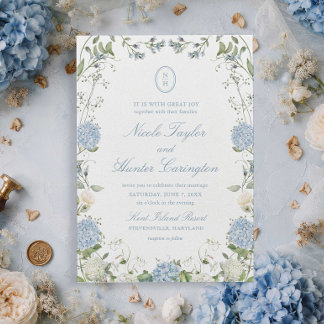 Stofbloem Blauwe Hortensia Monogram Trouw Crest Kaart