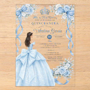 Stofbloem Blauwe Kroon Gouden Quinceañera Jurk Ver Acryl Uitnodigingen