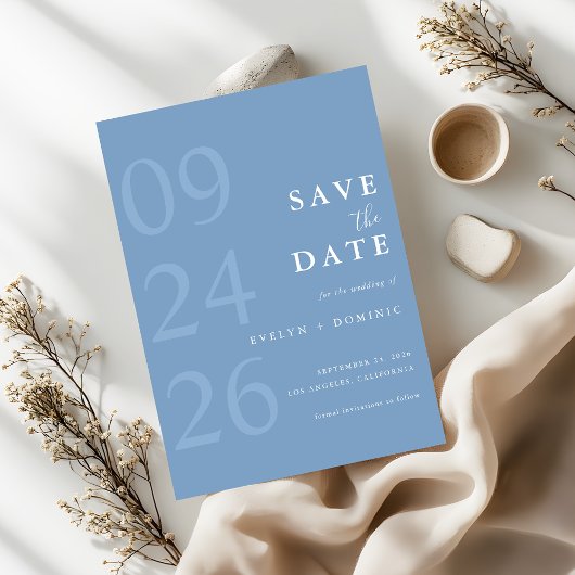 Stofbloem Blauwe Moderne Typografie Minimalistisch Save The Date