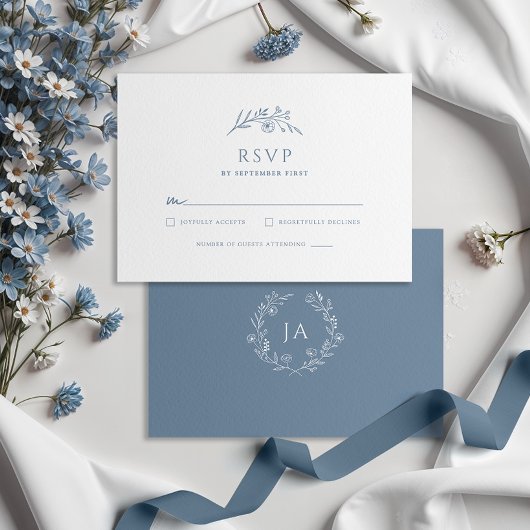 Stofbloem Blauwe Monogram RSVP Kaartje