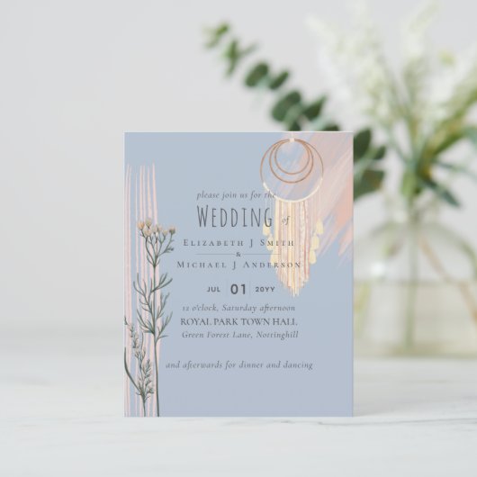 Stofbloem Blauwe Perzik BOHO Trouw Uitnodiging (Staand voorkant)