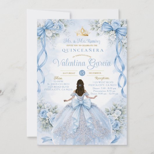 Stofbloem Blauwe Quinceañera met Strik Kaart (Voorkant)