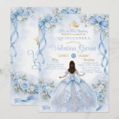 Stofbloem Blauwe Quinceañera met Strik Kaart (Voorkant / Achterkant)