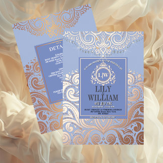 Stofbloem Blauwe Roze Goud Klassieke Monogram Boho Folie Uitnodiging