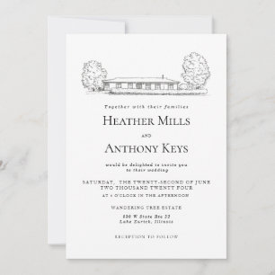 Stofbloem Blauwe Uitnodiging met Schets van de Loc